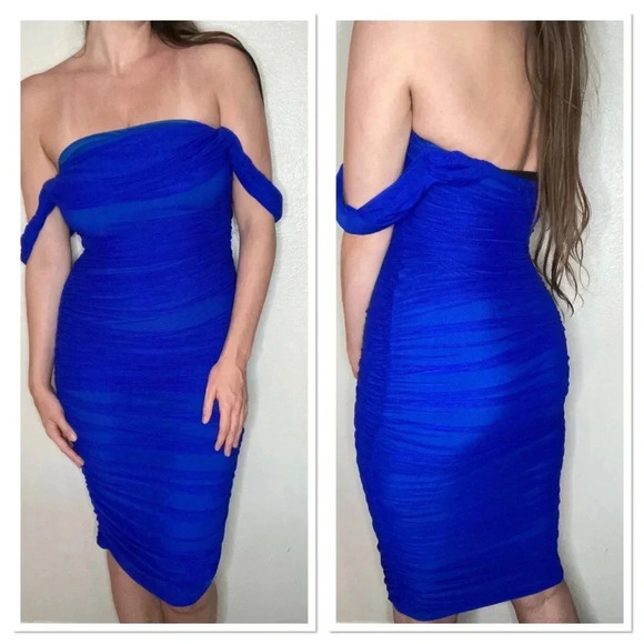 NWT Emprada Kat Royal Blue Mesh Off Shoulder Dress Size Medium - Picture 1 of 9